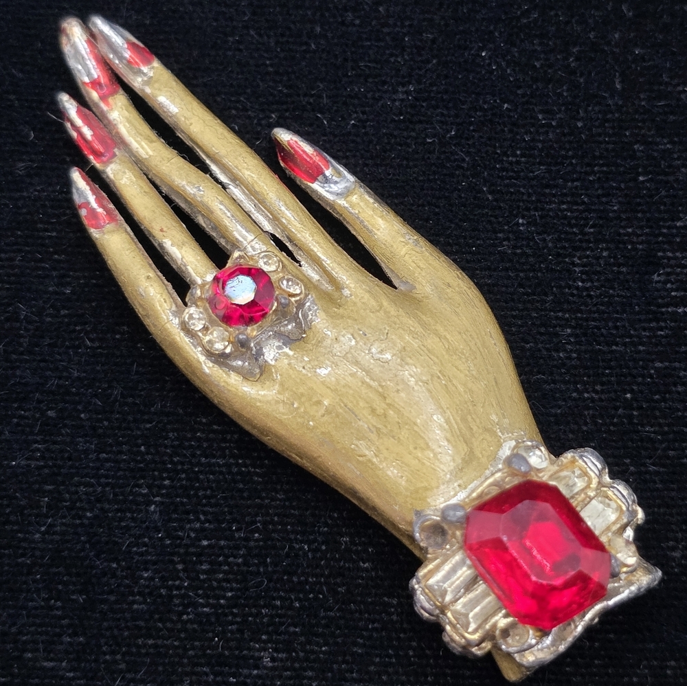 Vintage Painted Bejeweled Hand Brooch Blingy 1960s